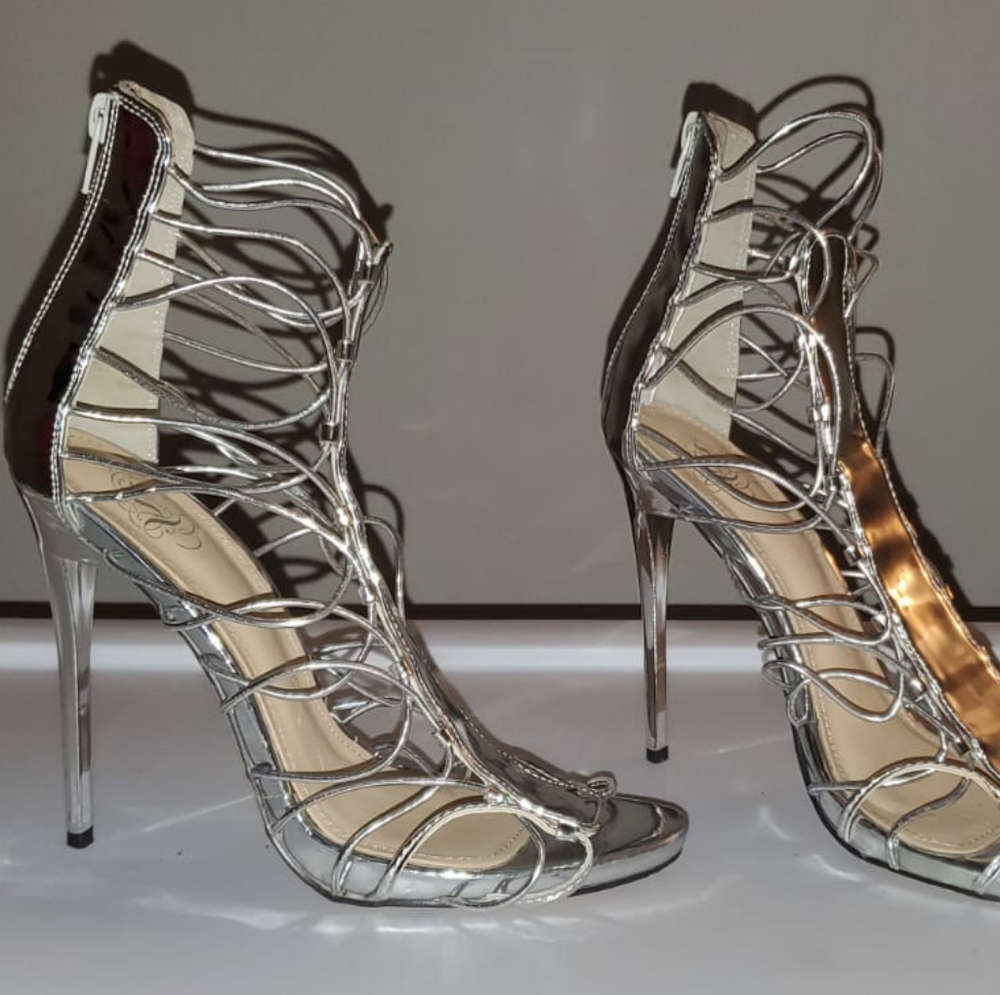 Silver open toe heels